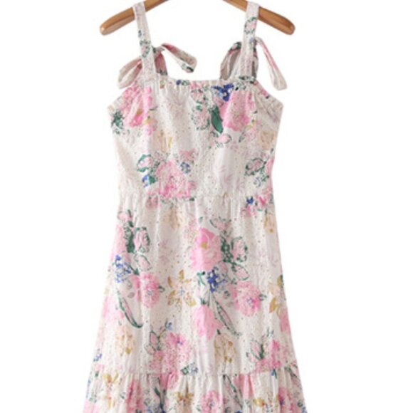 Smoke Dresses & Skirts - 28. Pink Floral Hollowed Out Midi Dress with Shoulder Tie Straps